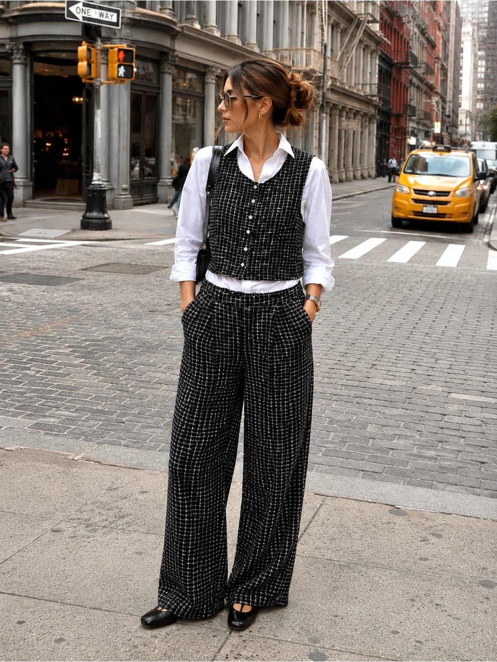 Set of Black Tweed Wide-Leg Pants and short buttoned top